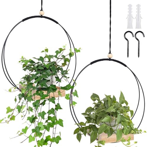 GOMETY Lot de 2 pots de fleurs suspendus en macramé avec base en bois, hauteur 93 cm, avec socle en bois, anneau en métal et boucle de suspension pour l'intérieur, jardinières suspendues pour murs et
