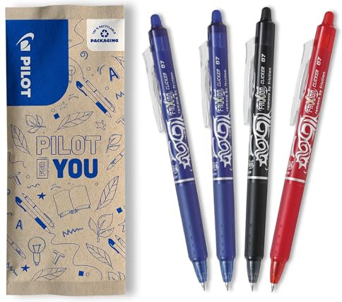 PILOT - FriXion Clicker 0.7 Set - 4 Stück: 2x Blau, 1x Schwarz/Rot/Grün - Radierbarer, nachfüllbarer Gel- Tintenroller mit Druckmechanik und löschbarer Tinte - Komfortables Schreiben - Mittlere Spitze