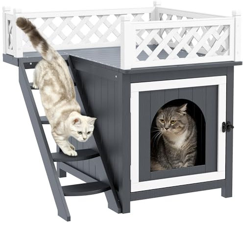 PawHut Maison pour Chat, Niche pour Chat extérieure à 2 étages, avec Balcon, escaliers, pour l'intérieur et l'extérieur, en Bois Massif, 67,5 x 63 x 68,5 cm, Gris