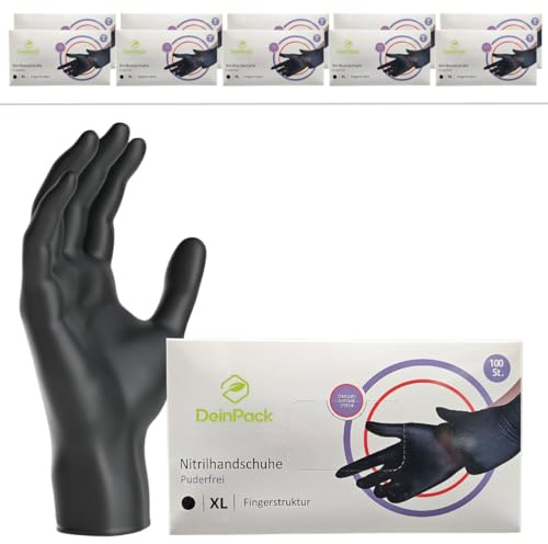 DeinPack 1000 Einweghandschuhe schwarz (10x100), Einmalhandschuhe XL, Nitril Handschuhe, Nitrilhandschuhe puderfrei, Gummi-Handschuhe Einweg, Schutzhandschuhe, Handschuhe Nitril in S, M, L, XL