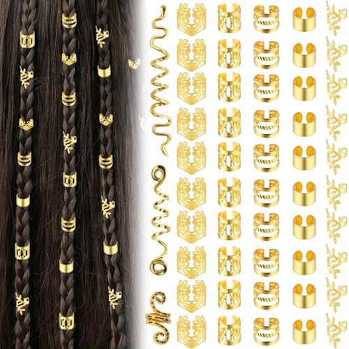 GWAWG 53 Stück goldene Haarzöpfe, 50 verstellbare goldene Haarmanschetten, Dreadlock-Zubehör und 3 verschiedene Größen geflochtenes Aluminium-Dreadlock-Zubehör