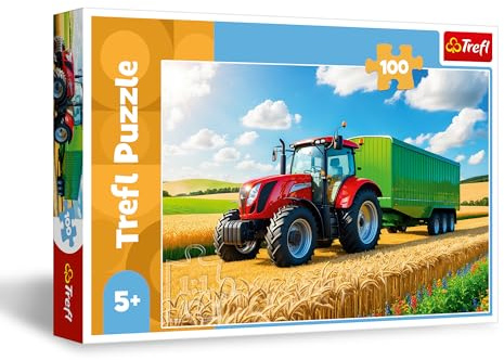 Trefl - Macchine Agricole, Trattore con Rimorchio - Puzzle 100 Pezzi - Puzzle con Veicoli, Intrattenimento Creativo, Divertimento per Bambini dai 5 anni