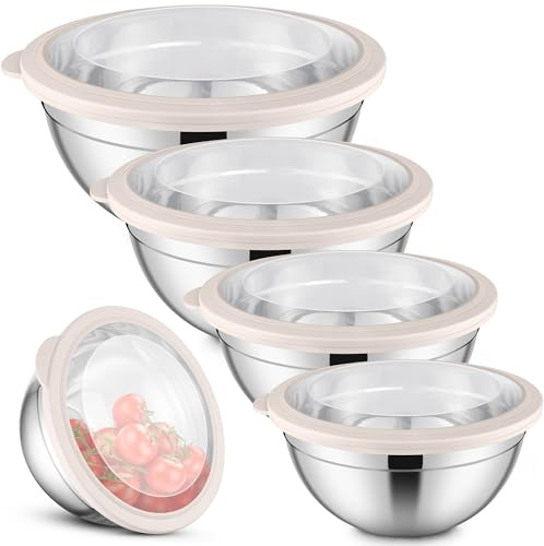 Herogo Schüssel mit Deckel 5er Set, Edelstahl Salatschüssel Set, Khaki | Metallschüsseln Schüsselset mit Transparenter Luftdichtem Deckel, 4,5L/2,7L/1,5L/1,2L/0,7L Rührschüssel, Spülmaschinenfest