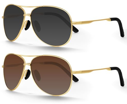 J.Fée Polarisierte Sonnenbrille Herren, Pilotenbrille Herren, Sonnenbrille Herren Verspiegelt, Sonnenbrillen Leichtgewicht Doppel Brücken UV400 Schutz, Schwarz und Braun, 2 Paare