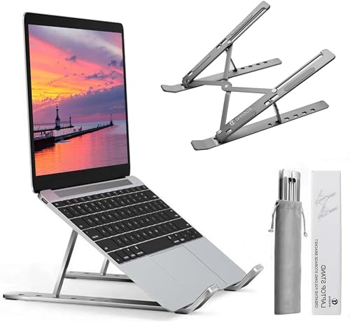 AiTodos® Laptopstativ Höjdjusterbart Aluminium – Ergonomiskt Hopfällbart Stativ för 8-16 Bärbara Datorer (MacBook, Dell, HP), Ventilerat & Halkfritt Skrivbordsstativ – Grå