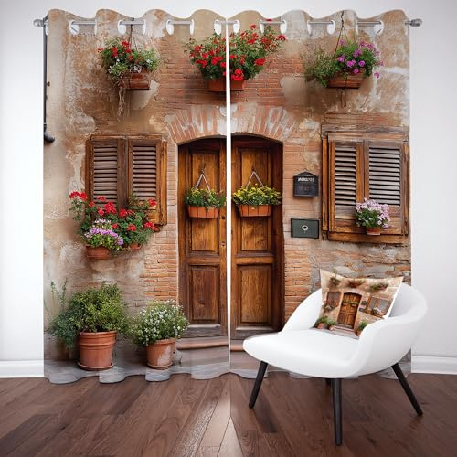 Dpvbffx Italien Toskana Vorhang mit Ösen 2er Set, Mediterrane Dorf Scenery Blackout Curtain Lärmschutzvorhang, Stadt Landschaft Gardinen Blickdicht 225 cm Lang 70 cm Breit fur Schlafzimmer Wohnzimmer