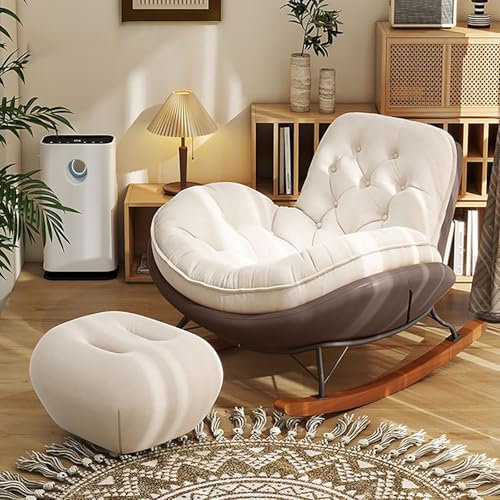Übergroßer moderner Schaukelstuhl mit Kissen & Ottomane, ergonomischer Liegestuhl mit Massivholzbasis, breite Sitzfläche für Wohnzimmer, Schlafzimmer, Kinderzimmer - Stilvoll & Bequem (Braun)