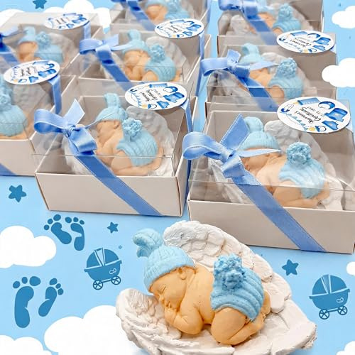 Cadeau baptême invité personnalisé, 30 Pièces bébé Ange de Pierre idee Cadeau invitées pour garçon Fille, fête prénatale, Communion,Souvenir pour invités (Aile Blanche et Bleu bébé, Lot de 30)