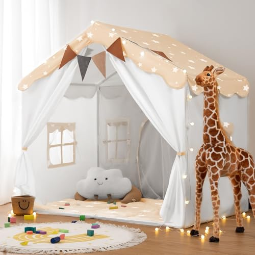 besrey Tienda de Campaña Infantil 2 en1 con Alfombra Acolchada, Luces y Banderas, Casita Infantil Tela de Juegos con 2 Puertas y 4 Ventanas, Cabañas para Niños (Estrellado)