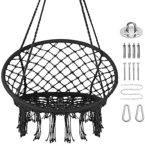 Goutime Hängesessel, Makramee-Hängestühle für den Innenbereich, mit Hardware-Kit, Boho-Schaukel für Erwachsene, für draußen, Terrasse, Balkon, Schlafzimmer (schwarz (Kissen sind nicht im Lieferumfang