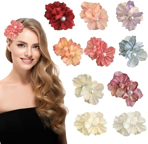 BSITSSS 10 Pièces Pince Cheveux Fleur, Pivoine Perle Pince Crocodile Cheveux, Barrette Fleur Pivoine Cheveux Femme Fille pour Été Fête à la Plage Mariage Vacances