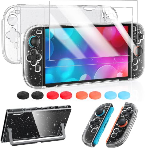 Protective Case Bundle for Nintendo Switch 2 (2025), Transparent Glitter | FYOUNG 3-In-1 Hard PC Shell Case Cover, Screen Protector and Thumb Grips for Full Console Protection(NOT for Switch 1/OLED)