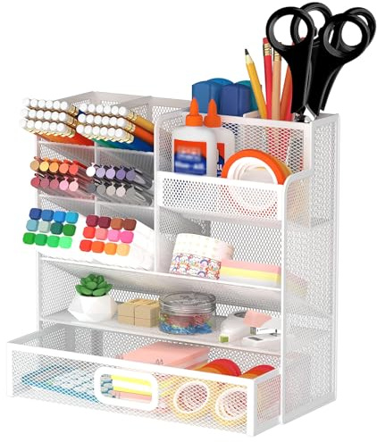 ReePlan Schreibtisch Organizer Stiftehalter mit Schublade – Multifunktionaler Stiftehalter aus Metall Netz, Büro Organizer für Home Office, Schule & Studium, Platzsparend, Stabil, Weiß