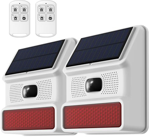 Kabellose Solar-Außensirene mit Bewegungsmelder, 110dB Lauter Alarm & Stroboskoplicht, Wasserdichter PIR-Sensor, Kompatibel mit Smart-Home-Alarmanlagen (2er Pack)