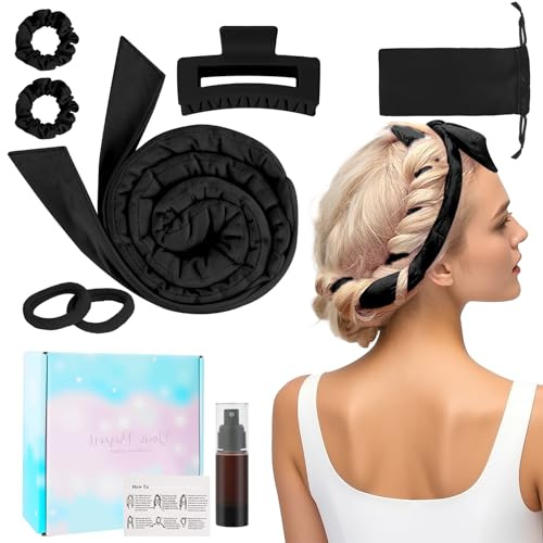 BUTBU Heatless Curlers Headband, 7PCS No Heat Hair-Curlers and Rollers, Soft Sleep Overnight Hair-Curls Set, heatless Curling Gift Kit for Women Long and Short Wave hair (Black)