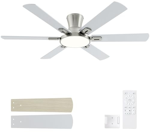 52 Inch Brushed Nickel Ceiling Fans with Lights and Remote,Flush Mount Low Profile 6 Blades Ceiling Fan with 10 Inch Lighting Fixture,Quiet Reversible DC Motor for Living Room,Bedroom and Patio