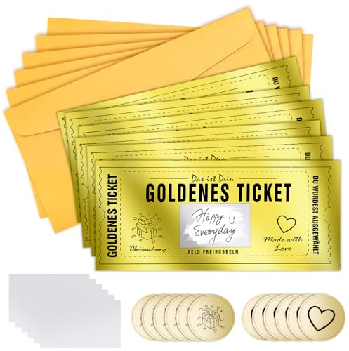 WALLFID 6 Stück Goldenes Ticket – Rubbelkarten mit Umschlägen und Rubbelstickern, Personalisierbare Gutschein Karten zum Selbstausfüllen, Liebevolle Überraschung für Freunde, Familie oder Partner