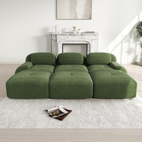 A ALFRESCOOL Modulares 3 Sitzer Sofa aus Cordstoff, Ecksofa, Boneless Couch mit 3 Ottomane, Compressed Sofa, Ohne Montage & Rutschfester Unterseite, frei Kombinierbar, 298×178×75cm (Grün)