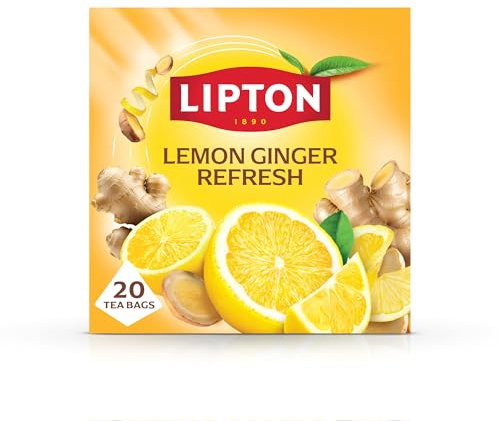 Lipton Lemon Ginger Refresh Herbal Fruit Tea, 20 Teabags, Caffeine Free | For an invigorating taste, aromatic citrus & spice infusion, enjoy hot or iced, Rainforest Alliance certified pyramid bags