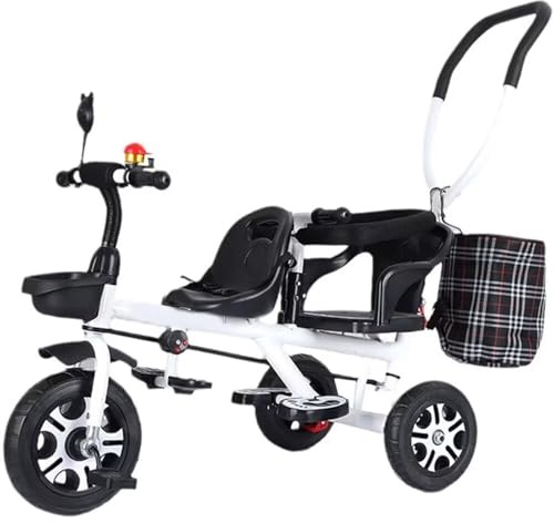LSQXSS Double Seats Twins Trike Push Stroller with Parent Push Handle 3 Rubber Wheels Toddler Tricycle with Sponge Guardrail,Rear Foot Brakes Ride on Pedal