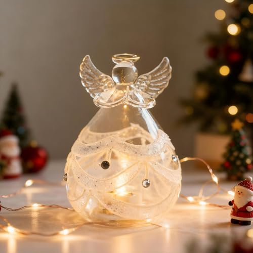 Weihnachtsengel mit LED Kerzen, Engel Figur mit Diamanten, Weihnachtsfiguren aus Glas für stimmungsvolle Weihnachtsdekoration innen (C)