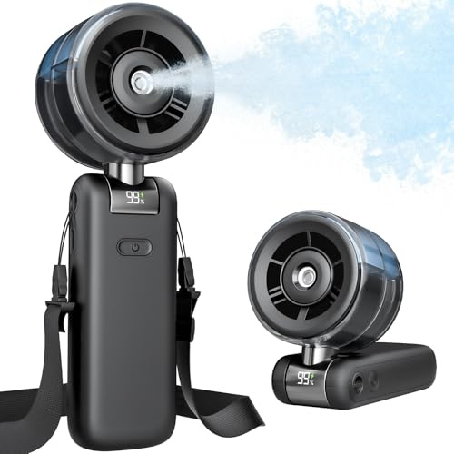 Bearwind Ventilador de nebulización portátil – Ventilador turbo de mano con spray de niebla fría, recargable de 4000 mAh, 5 velocidades, rociador de agua plegable personal para viajes de verano, playa