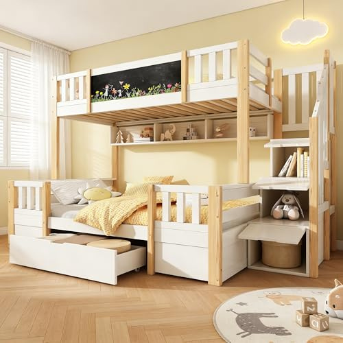 Letto a castello 90x200cm+140x200cm con lavagna ,scaletta contenitore,per 2-3 bambini,legno letto a soppalco con cassetti e scala armadio,struttura letto con vani portaoggetti,senza materasso,Naturale