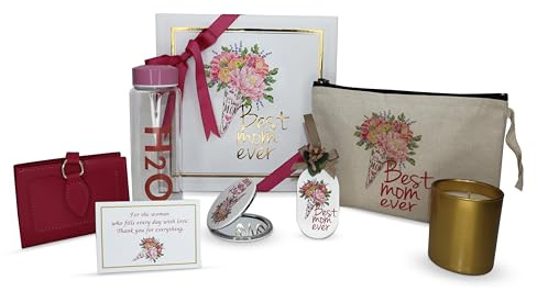 CharmLab Candle – Best Mom Thoughtful Gift Set for Women with Gold Glass Jar Candle, Clutch, Water Bottle, Compact Mirror & Decorative Dish – Mother’s Day, Birthday & Appreciation Gift