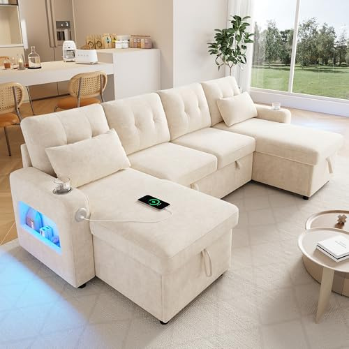 BTM U Form Ecksofa mit Schlaffunktion, Schlafsofa mit Stauraum, LED, Doppel‑Chaiselongue Ausziehbares Sofa Wohnzimmer Beige