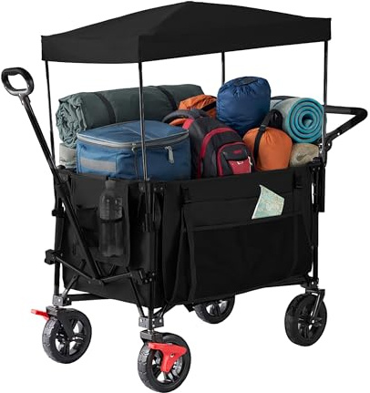 Vikbar Relaxdays vagn, 150 kg, avtagbart tak, teleskop- och skjuthandtag, gummihjul med broms, svart