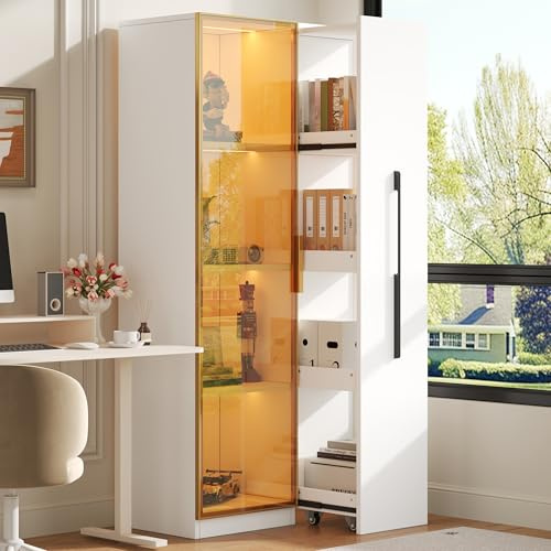 staronce Glasvitrine mit LED-Beleuchtung & seitlichem Auszug – Vitrinenschrank mit goldenem Rahmen & bernsteinfarbenem Glas, Soft-Close Scharniere, Rollen & Stopper, Display Cabinet, 70x40x160 cm