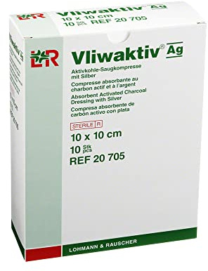 Vliwaktiv® AG Fortschrittliche Kohleverband Aktivkohle + Ag + Absorptionstablette cm 10 x 10 cm - 10 Stück