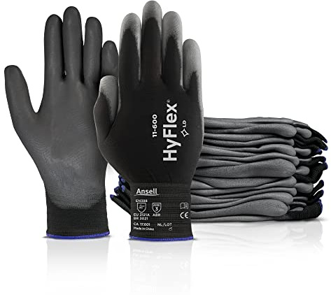 HyFlex 11-600 Multi-Purpose Light Duty Industrial Gloves w/ Palm Coating for Metal Fabrication, Machinery, Automotive - Size 8, Black (12 Pairs)