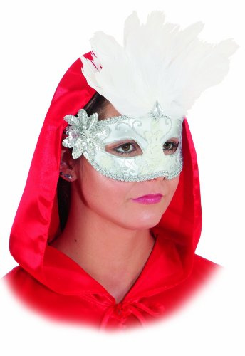 Halbmaske weiß / silber mit weißen Federn