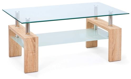 Inter Link – Couchtisch – Glas - Wohnzimmertisch – Sofatisch – Rechteckiger Glastisch fürs Wohnzimmer – Sicherheitsglas - BxTxH: 100x60x45 cm – Sonoma Eiche - Loana