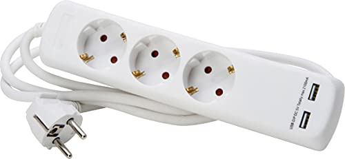 Kopp 3-Fach Steckdosenleiste + 2X USB-Anschluss 2.100 mA, 1,4m Kabel I Mehrfach-Steckdose mit erhöhtem Berührungsschutz I Steckerleiste Indoor- / Innen-Bereich I Arktis-Weiß – 220702010