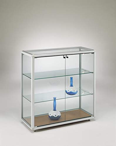 MHN Halbhohe Glasvitrine mit Rollen T 42,5 x B 79 x H 95 cm - breite Thekenvitrine Glas abschließbar - Flache Glasvitrine - LED-Beleuchtung