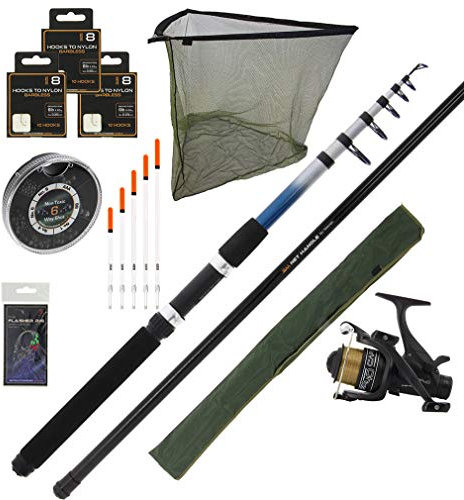 G8DS® hochwertiges Angelset Teleskoprute inklusive Rolle Schwimmer Haken Keschernetzund Kescherstange Schwimmer Bleie
