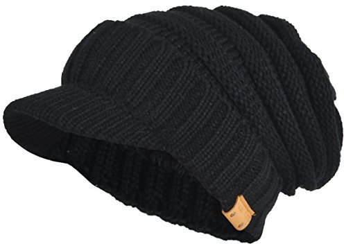 Herren Dame Dick Vlies Gefütterte Strickmützen Stricken Slouch Mütze Mit Visier (Schwarz)