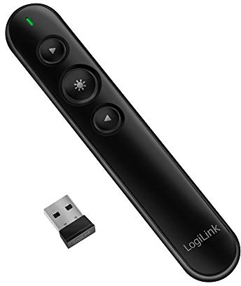 LogiLink ID0190 - kabelloser Presenter (wireless 2,4 GHz) im 3-Tasten Design mit integriertem roten Laserpointer für eine perfekte Präsentation, Schwarz