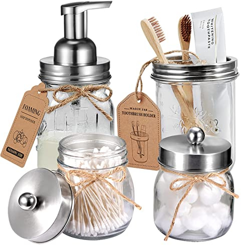Amolliar Mason Jar Bathroom Accessories Set 4Pc - Foaming Soap Dispenser&2 Qtip Holders&Toothbrush Holder-Rustic Farmhouse Decor Bathroom Organizer Apothecary Jar Country Countertop (Brushed Nickel)