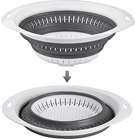 4UBonLife Scolapasta Pieghevole in Silicone, Filtro Cucina Pieghevole Colino per Pasta in Plastica, Colander da Cucina Salvaspazio, per Drenare Verdure Frutta (Bianco/Grigio, Formato L)