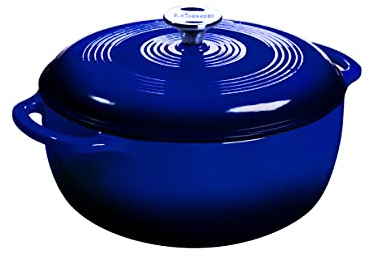 Lodge 7.5 Quart Enameled Cast Iron Dutch Oven with Lid – Dual Handles – Oven Safe up to 500° F or on Stovetop - Use to Marinate, Cook, Bake, Refrigerate and Serve – Indigo