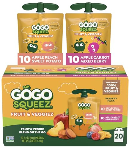 GoGo squeeZ Fruit & VeggieZ Apfelmus und Püree Sortenpaket, Pedal Pfirsich | Kids On The Go Obst- und Gemüsesnack mit Pfirsich und Beeren; 90 ml Beutel, gluten- und nussfrei, BPA-frei