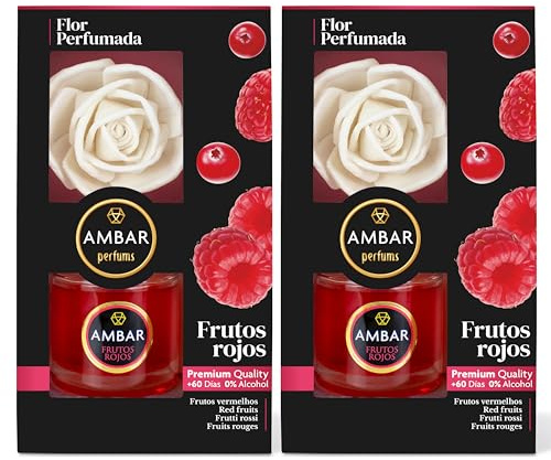 Ambar Perfums Ambientador Flor Difusora. Ambientador Casa Flor Perfumada Frutos Rojos 0% Alcohol, +60 días duración. (Pack 2 uds. x 75 ml)