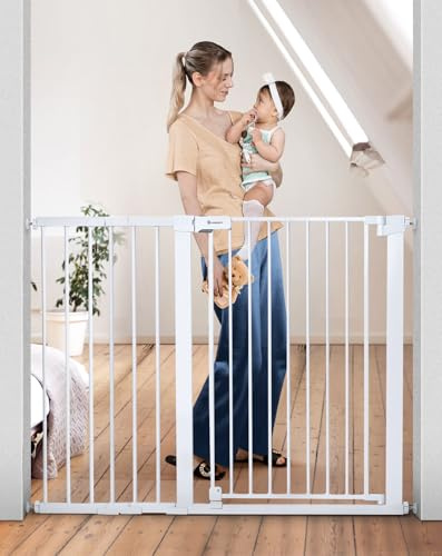 COMOMY 36 Extra Tall Baby Gate for Stairs Doorways, Fits Openings 29.5 to 48.8 Wide, Auto Close Extra Wide Dog Gate for House, Pressure Mounted Easy Walk Through Pet Gate with Door, White