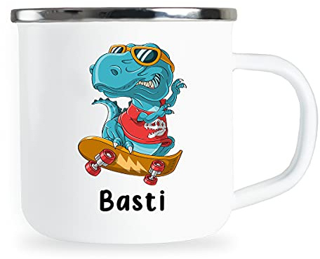 Basti Personalisierte Kindertasse mit Name und lustigem Dinosaurier Motiv Emaille Tasse individuelle Geschenke Kind Geburtstag Junge Mädchen Metallbecher Emailletasse Geschenkidee