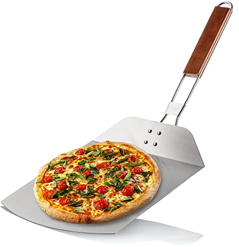 com-four® Pizzaschaufel aus rostfreiem Edelstahl 430 - Pizza- und Kuchenheber mit Holzgriff - Pizzaschieber für Pizza, Flammkuchen, Brötchen und Brot - klappbarer Griff (silberfarben/braun - eckig)