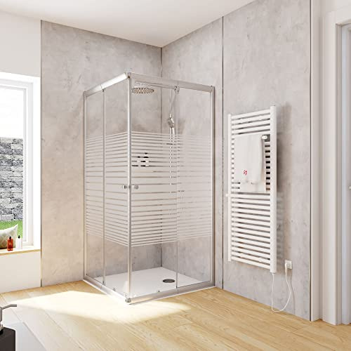 Schulte Duschkabine Corner Eckeinstieg mit Schiebetüren Silberfarben 4 mm Sicherheitsglas (ESG) Dekor Querstreifen 90x90 cm, Montage auf Duschwanne oder Fliese
