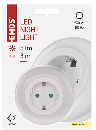 EMOS - LED-Nachtlicht - warmweißes Licht - 5 Lumen, 3 Meter Leuchtweite - Dämmerungssensor - Steckdosenlicht - Orientierungslicht für Kinderzimmer, Treppe, Schlafzimmer, Küche, Flur - weiß